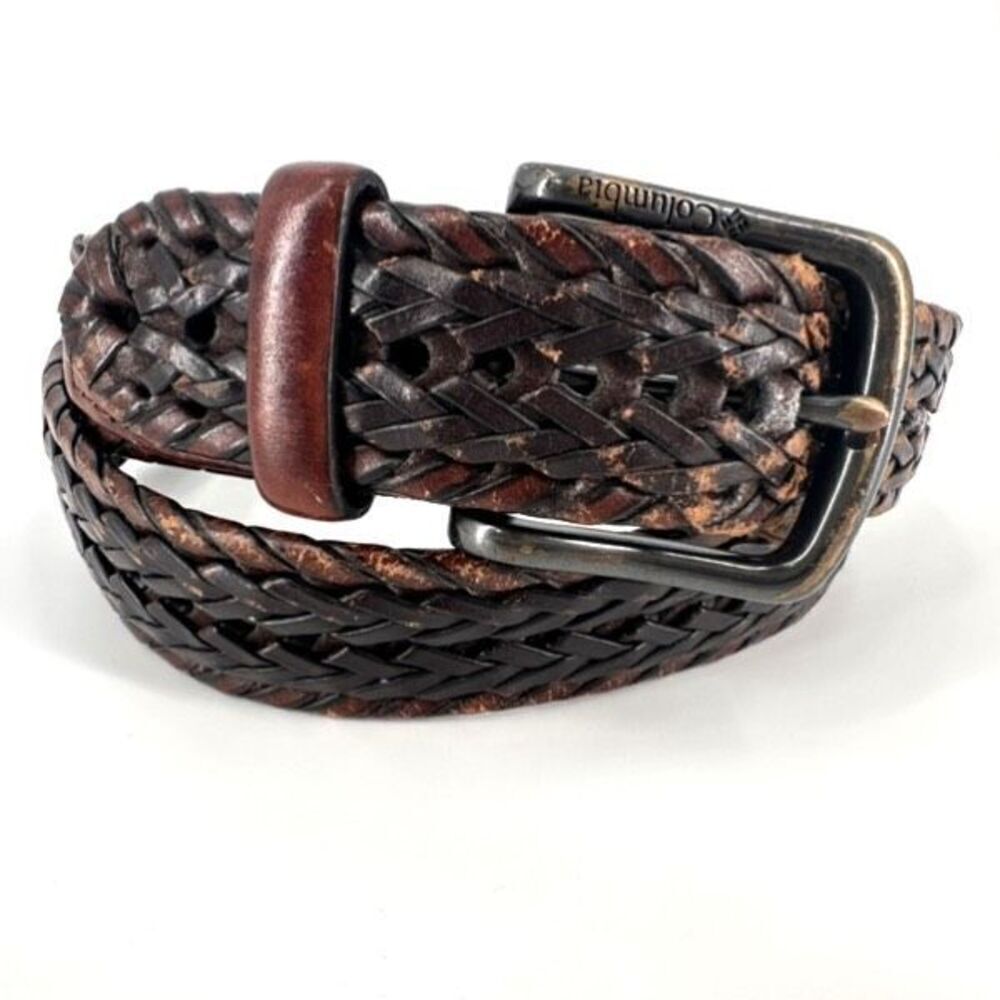 Vintage Columbia Men's Two-Tone Leather Trim Woven Braided Belt Brown Size Small
